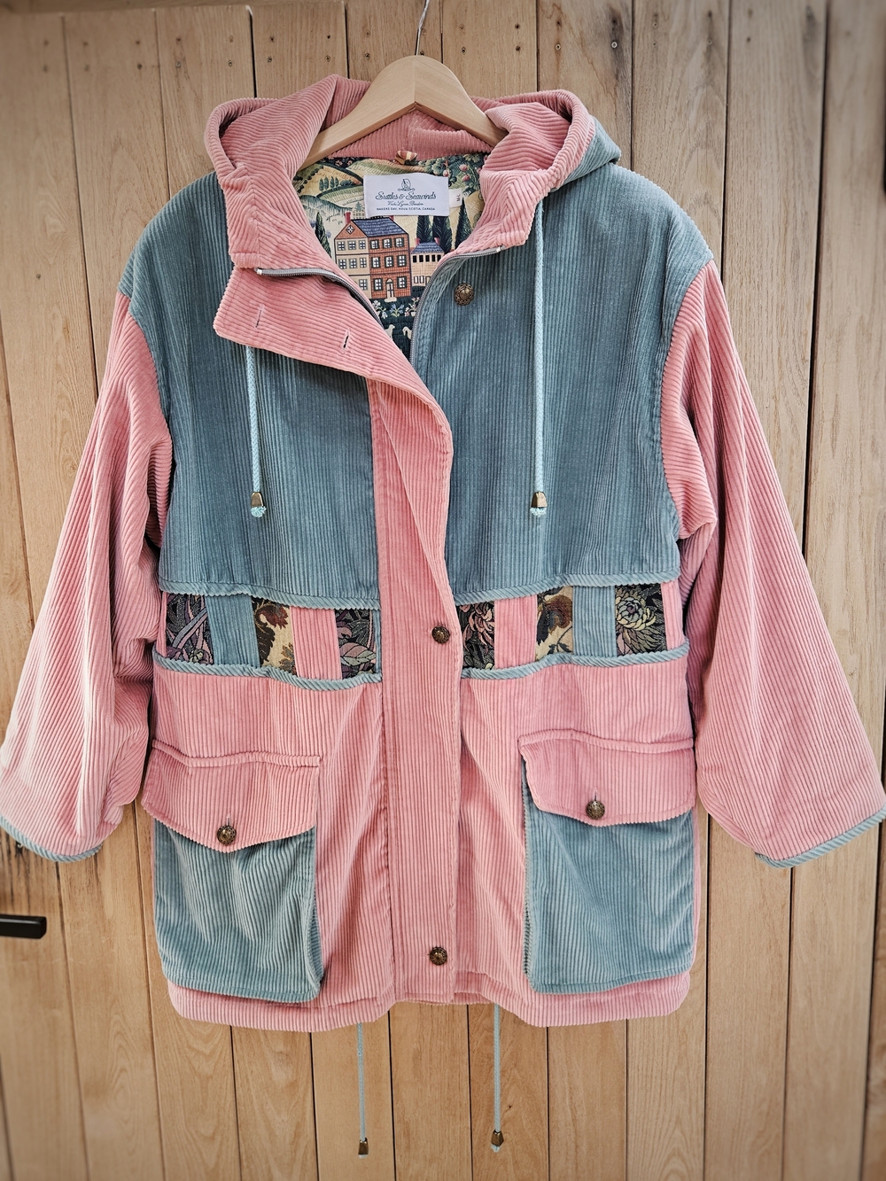 Vintage Suttles & Seawinds Corduroy Hooded Jacket - Pink & Sage - Size M/L